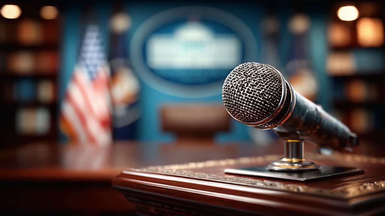 A close-up of a professional microphone set against a backdrop of a press room decorated with flags and shelves, ready for an important announcement or press conference