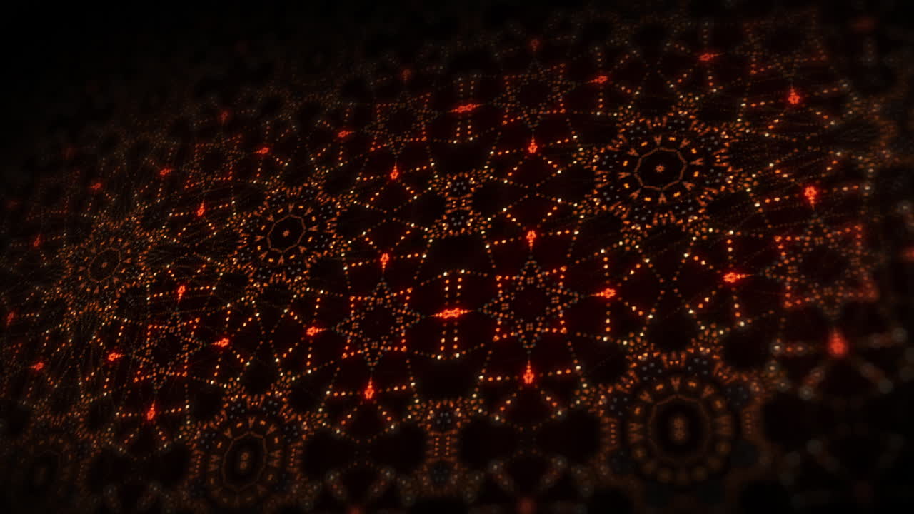 Orange fiery glowing kaleidoscope patterns. Floral ornament from small dots. Dynamic looping background.