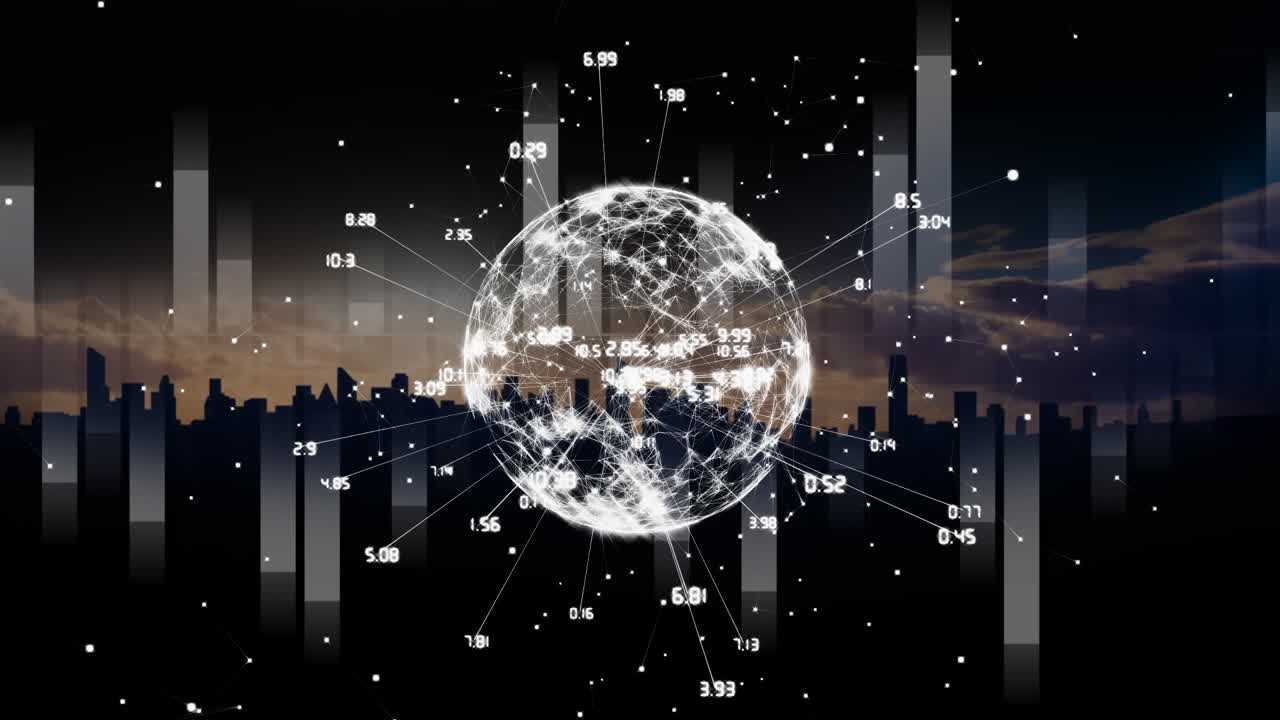 도시 앞에 회전하는 디지털 글로브