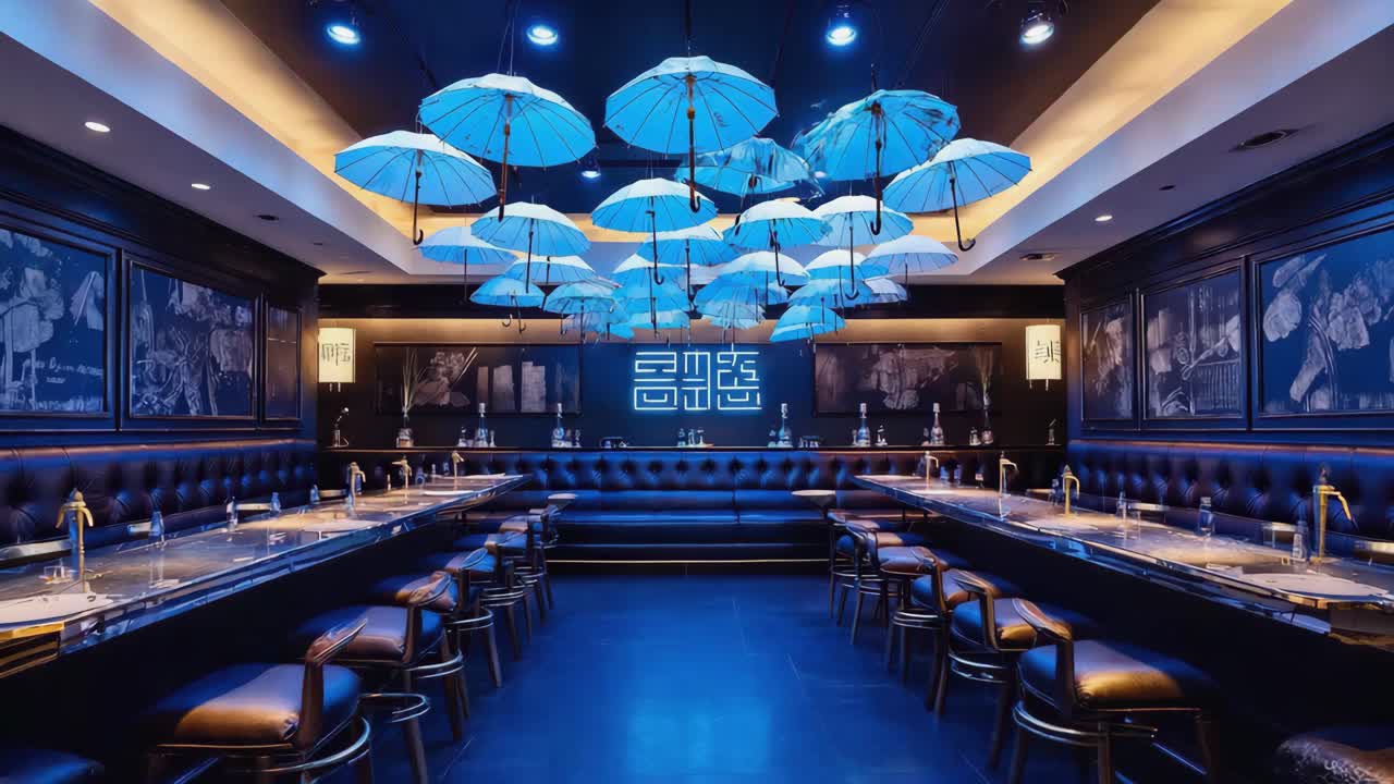 Elegant restaurant interior with umbrella lighting