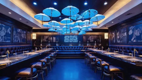 elegant restaurant interior with umbrella lighting