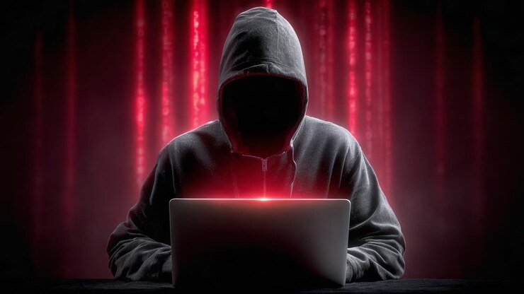 Una figura misteriosa avvolta nell'ombra interagisce con un laptop, illuminata da abbaglianti luci rosse che evocano un'aura high-tech da cybermondo