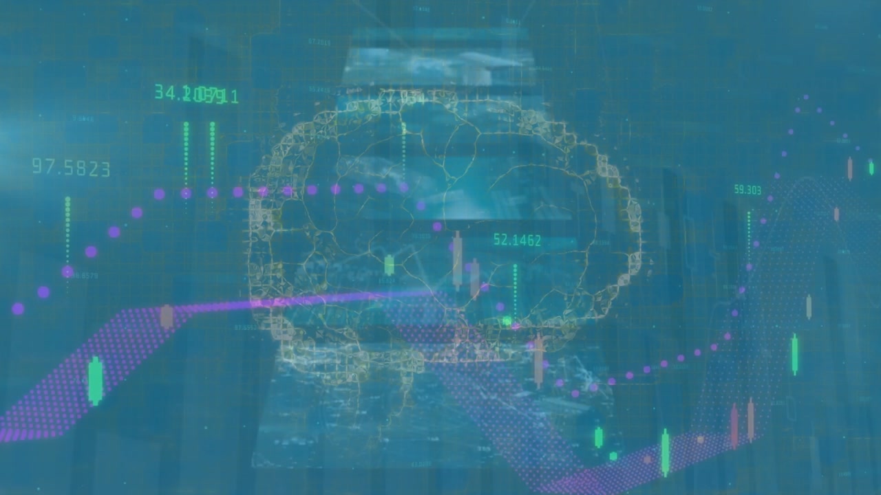 Animation of data processing, graphs and brain on blue digital screen
