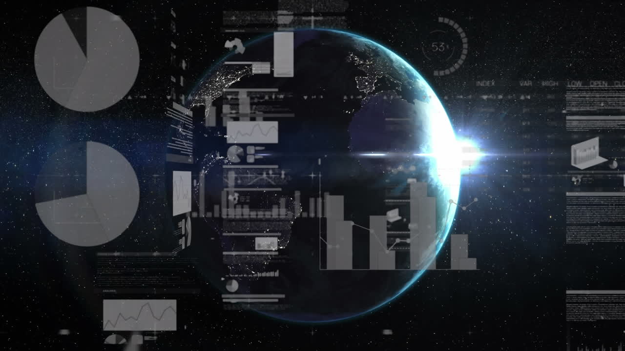 Animation of financial data processing over globe