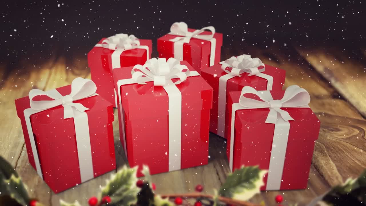 나무판 에  ⁇ 은 크리스마스 선물 을 가진 스노우맨 위 에 내리는 눈 의 애니메이션