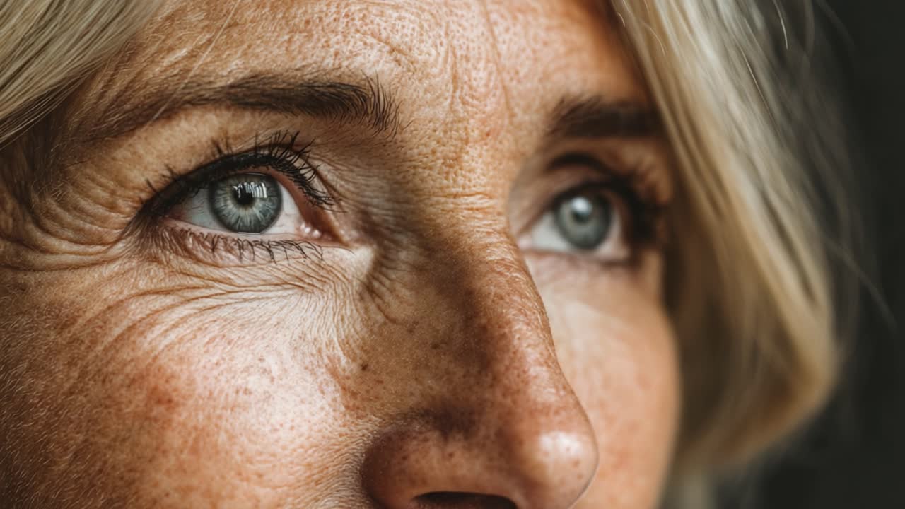 Close-Up of a Woman's Face Highlighting Texture and Expression, Featuring Detailed Wrinkles and Bright Blue Eyes That Reflect Depth and Emotion