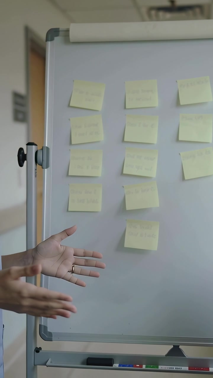 Vertical video: Entering left hand gesturing toward whiteboard at meeting showing sticky notes