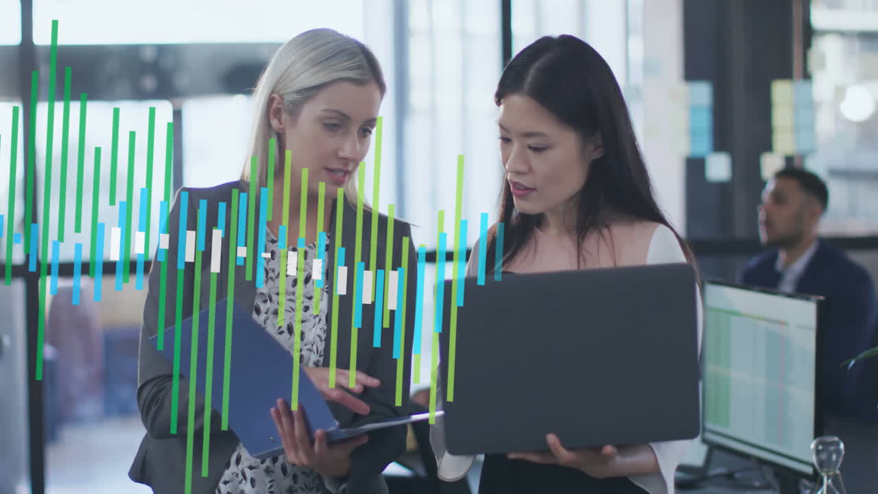 Animation of financial data processing over diverse business people in office