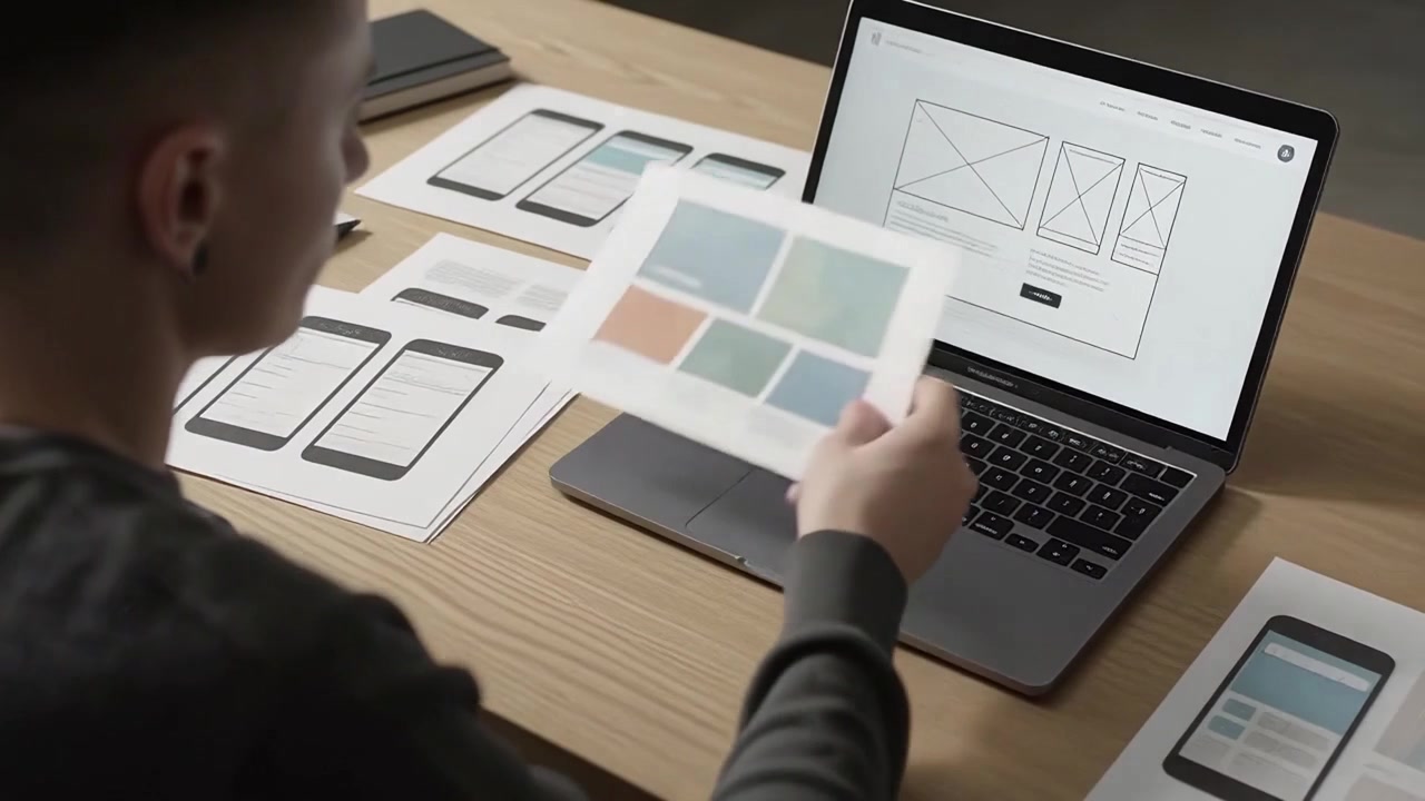 UX designer al lavoro su wireframe di siti web in un ufficio moderno