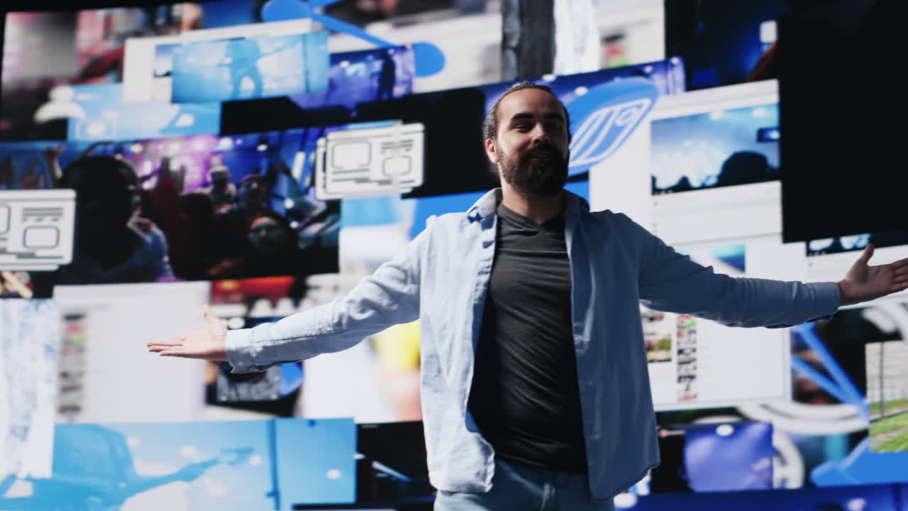 Ambitious confident guy admires the user interfaces on social media apps