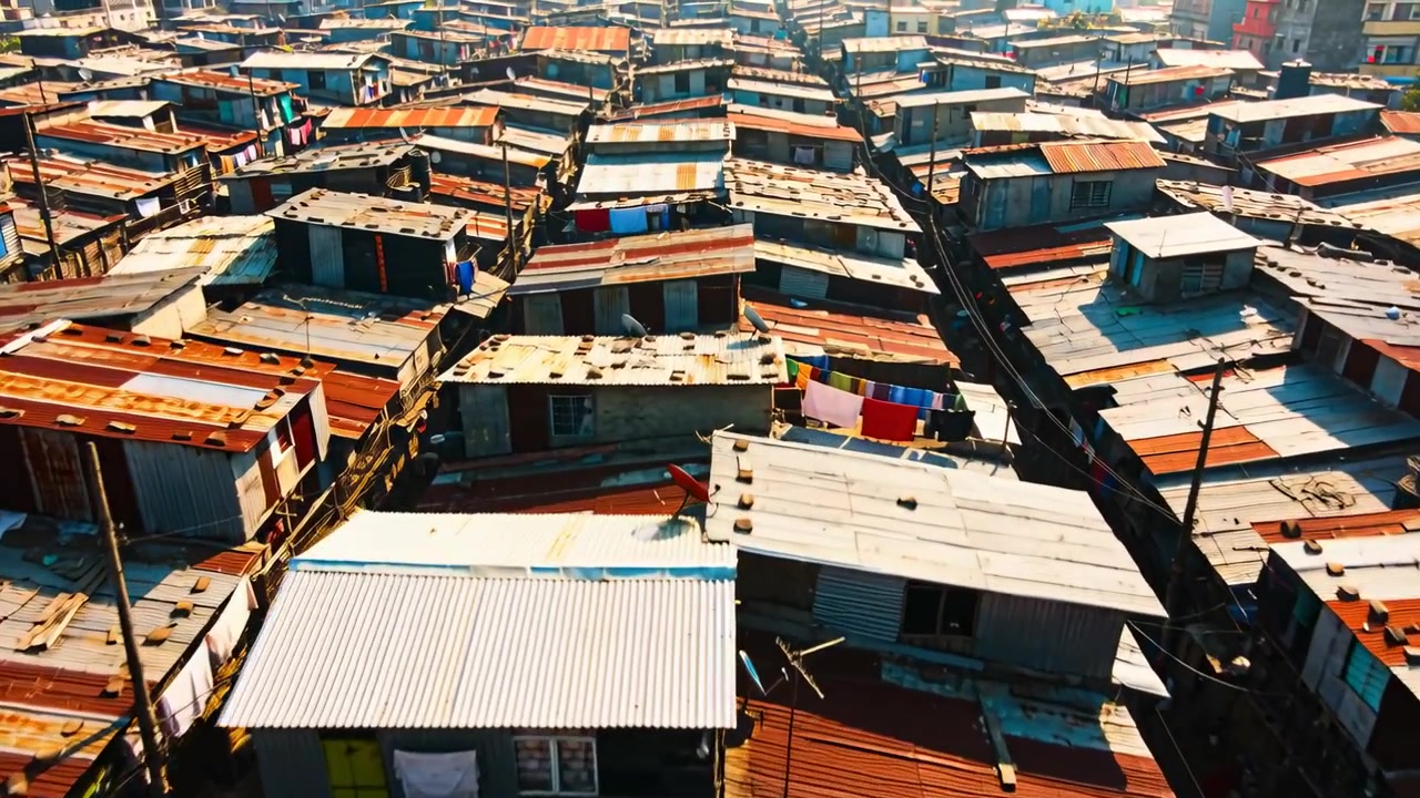 Gliding drone surveying corrugated metal rooftops in settlement to reveal laundry lines