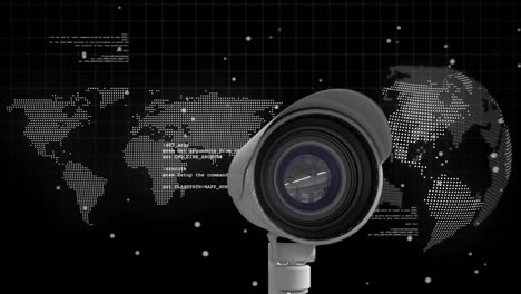 Animation-of-digital-data-processing-over-cctv-camera-and-globe-on-black-background