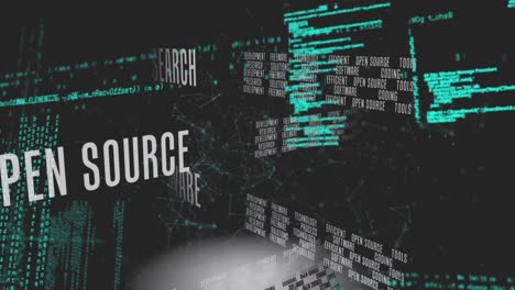 animation of business concept texts, data processing and network of connections on black background