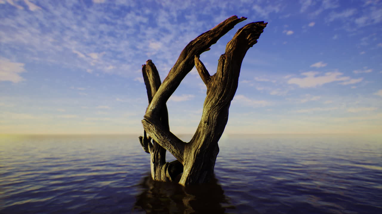 Driftwood sculpture emerges from calm water under a vibrant sky