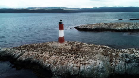 Aerial---Les-Eclaireurs-Lighthouse,-Tierra-del-Fuego,-Argentina,-wide-circle-pan