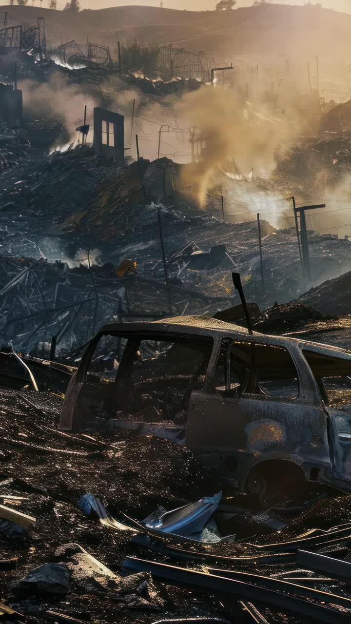 Aerial view of a post-apocalyptic landscape with smoke rising from ruins and a charred vehicle