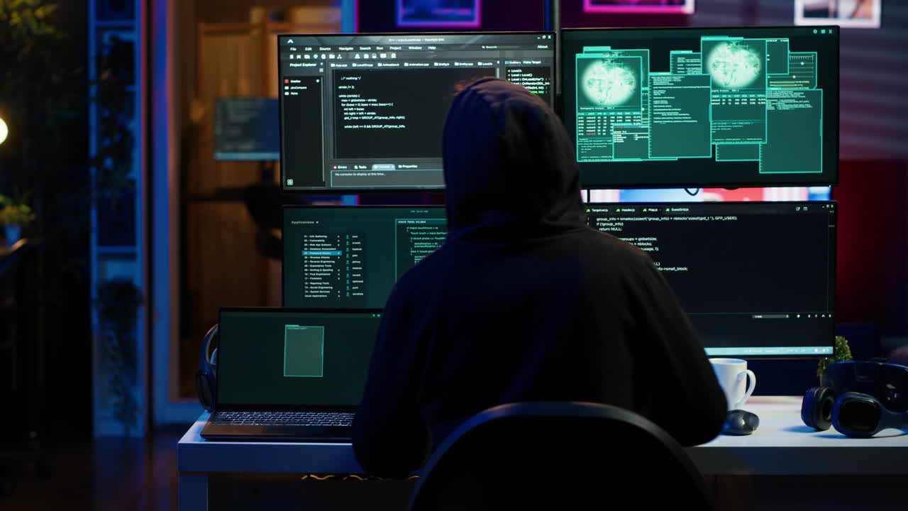 un estafador en el apartamento comenzando a trabajar en un guión peligroso que puede violar la seguridad