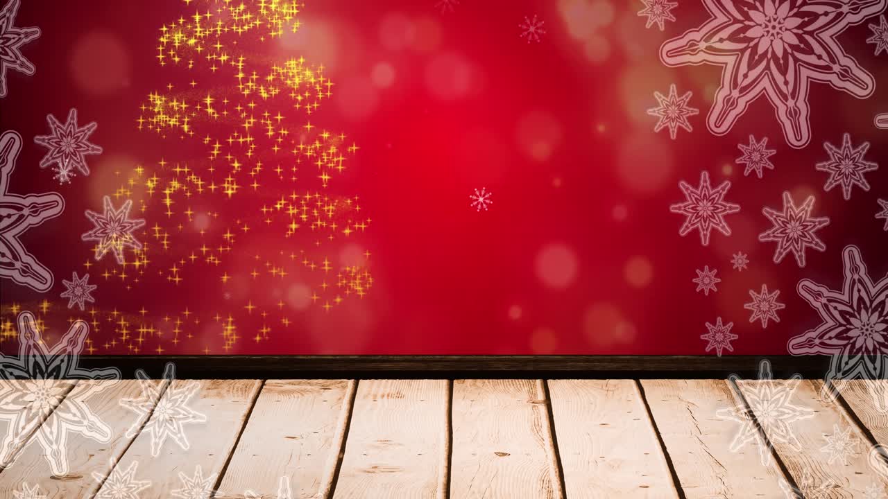 Animación de nieve cayendo sobre puntos brillantes formando un árbol de Navidad sobre fondo rojo