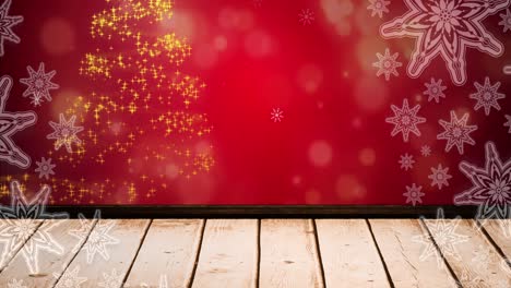 Animation-of-snow-falling-over-glowing-spots-forming-christmas-tree-on-red-background
