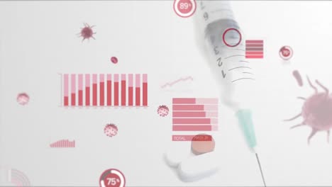 coronavirus digital interface against syringe and medical pills spinning