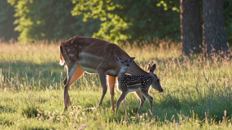 doe and fawn in a meadow at sunrise/sunset