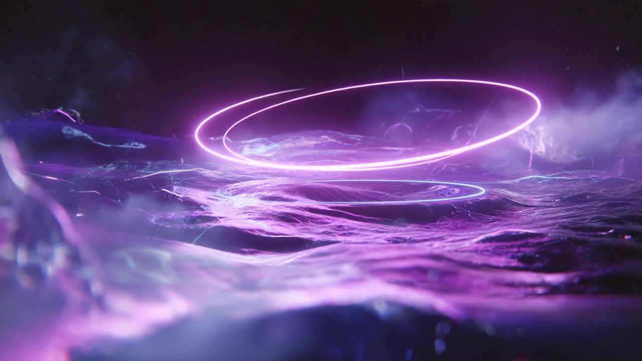 A stunning visual representation of abstract energy waves illuminated by vibrant purple light rings, creating an otherworldly atmosphere of dynamic motion and ethereal beauty