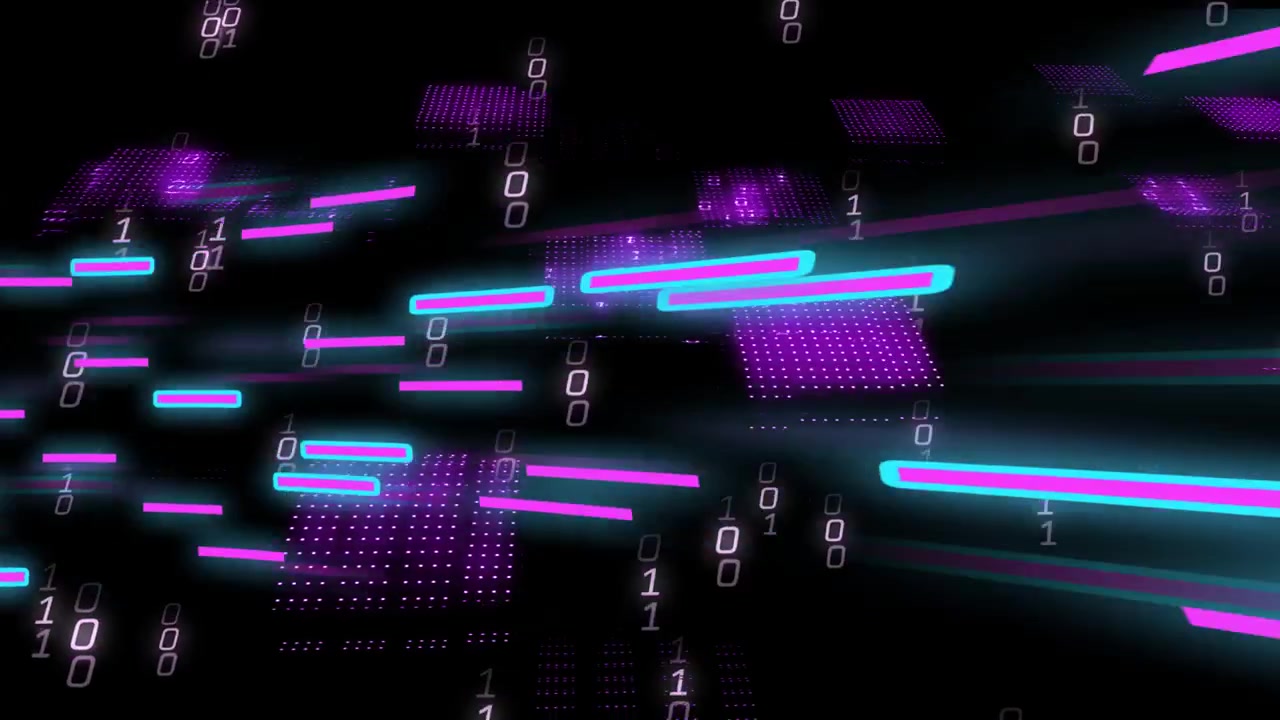 Neon bars entering left starting motion gliding past purple tiles bits cascading forming data flow