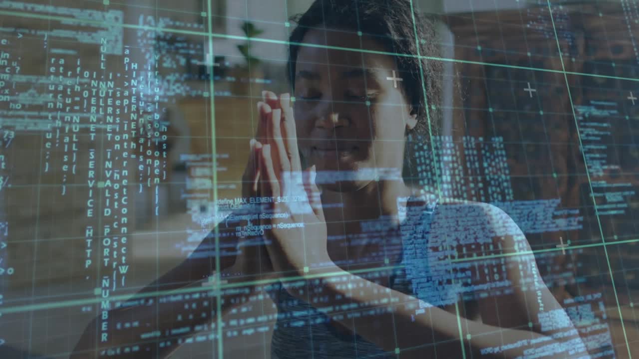 Woman initiating health routine in loft stretching up as data grid floating pausing in prayer pose