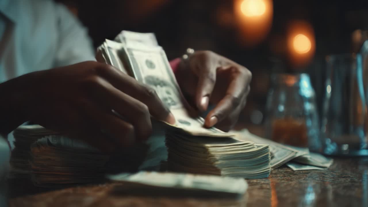 A close-up view of hands meticulously counting stacks of cash on a wooden surface, illuminated by warm ambient lighting, embodying themes of wealth, finance, and meticulousness