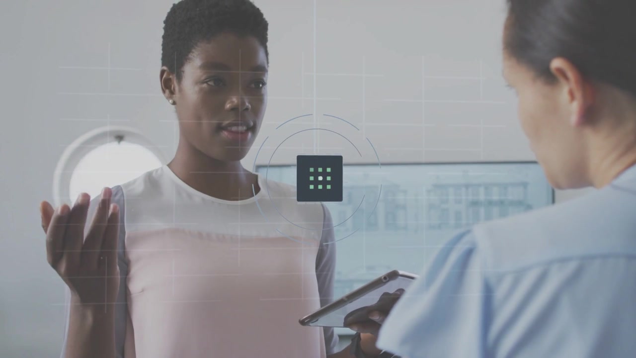 Operator tapping tablet starting dot grid and ring scan UI finalizing across speaker for biometrics