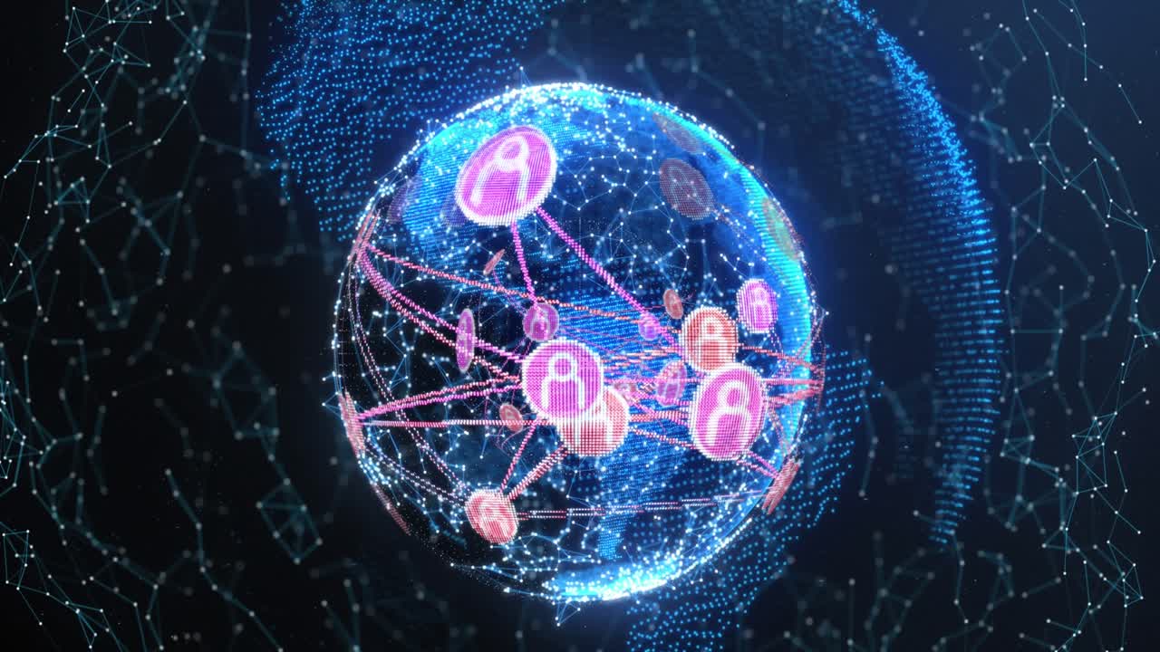 Animation af et netværk af digitale ikoner over en glødende jordklode, der snurrer rundt mod en sort baggrund