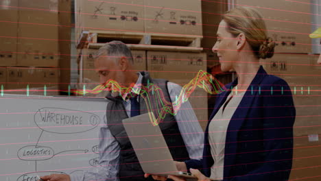 animation of financial data processing and diverse workers in warehouse