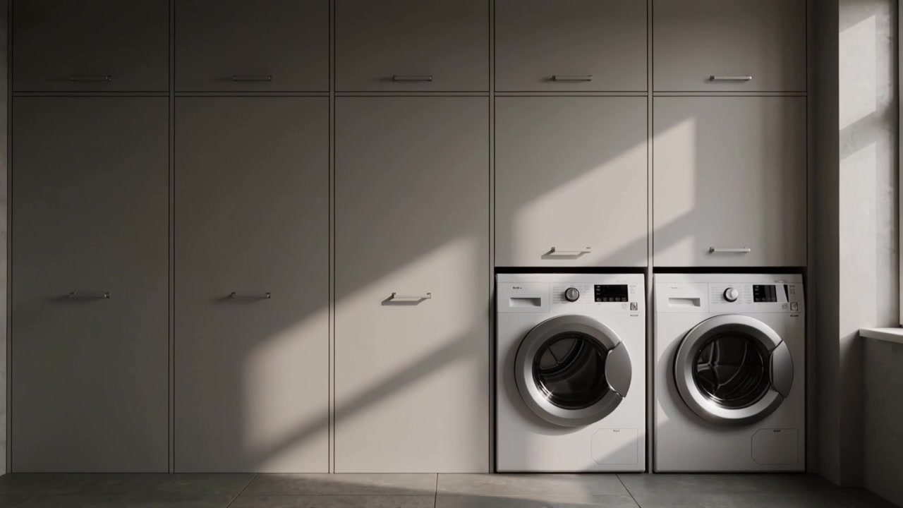 Shifting sunlight revealing cabinets and window in laundry room, lighting two washers, copy space