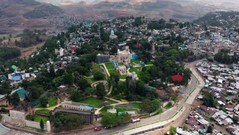 Panoramic View Of Fasil Ghebbi Fortress In Gondar, Ethiopia - Drone Shot