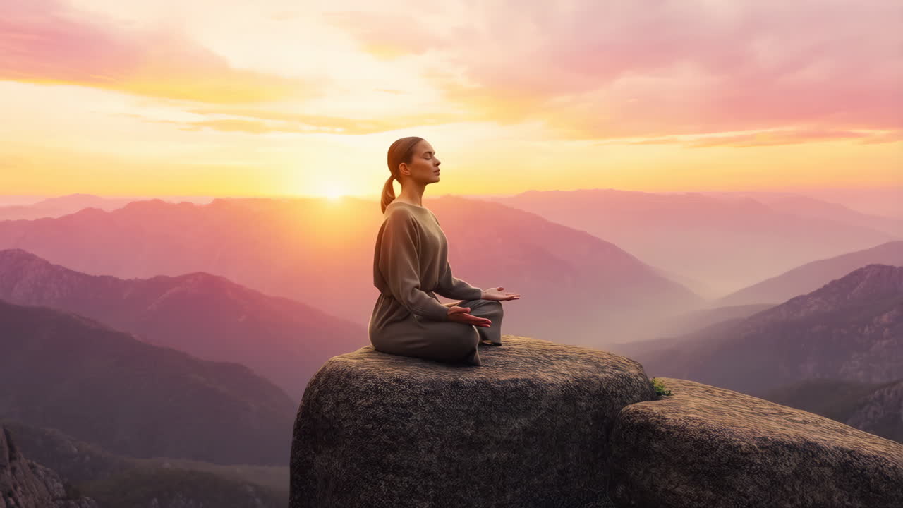 Woman Meditating on a Mountain Peak at Sunset