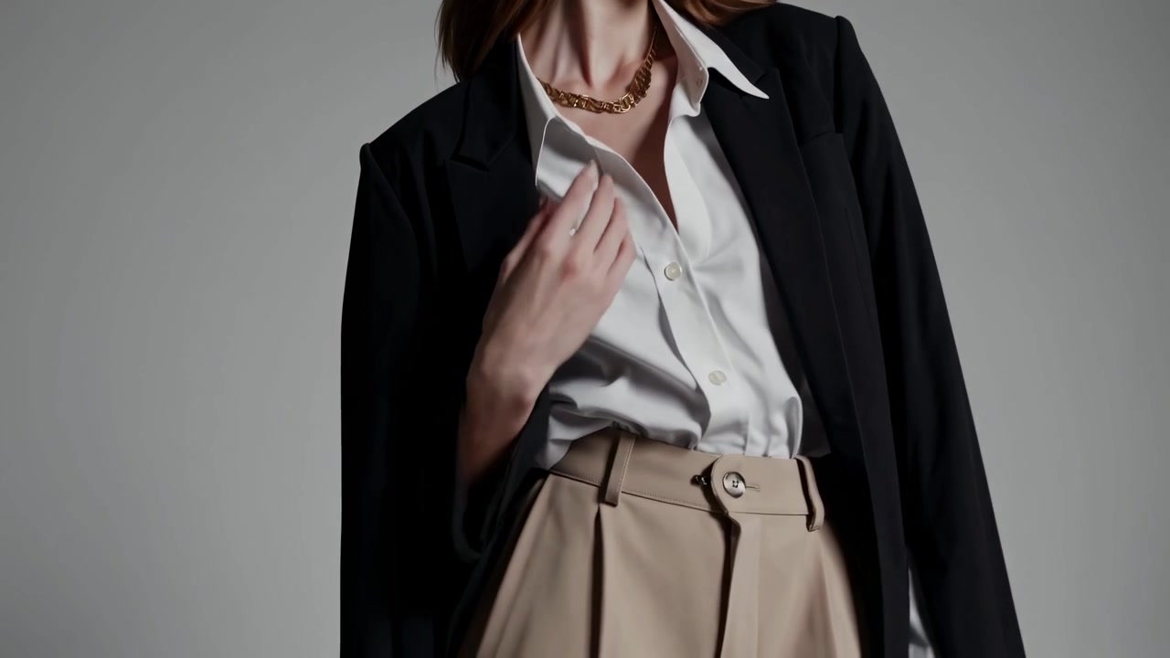 Donna elegante in blazer e pantaloni professionali in posa in studio