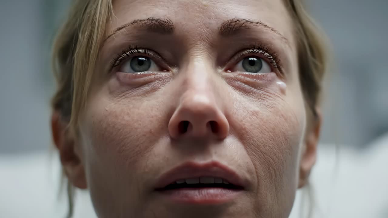 Close-up of a sad, crying woman with tears on her face
