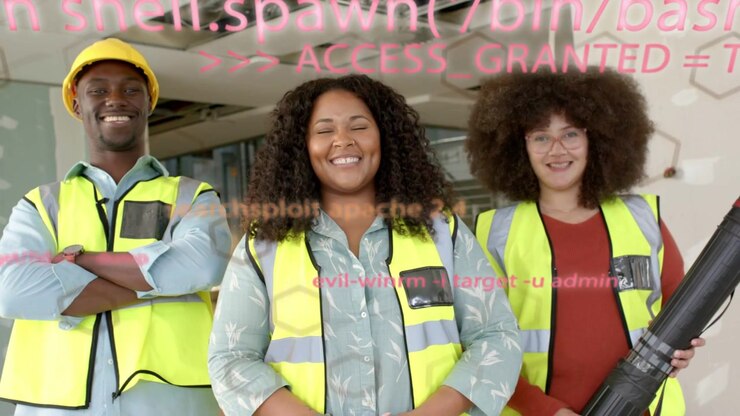 Construction crew posing with rolled tube, code overlay drifting up and fading, revealing progress