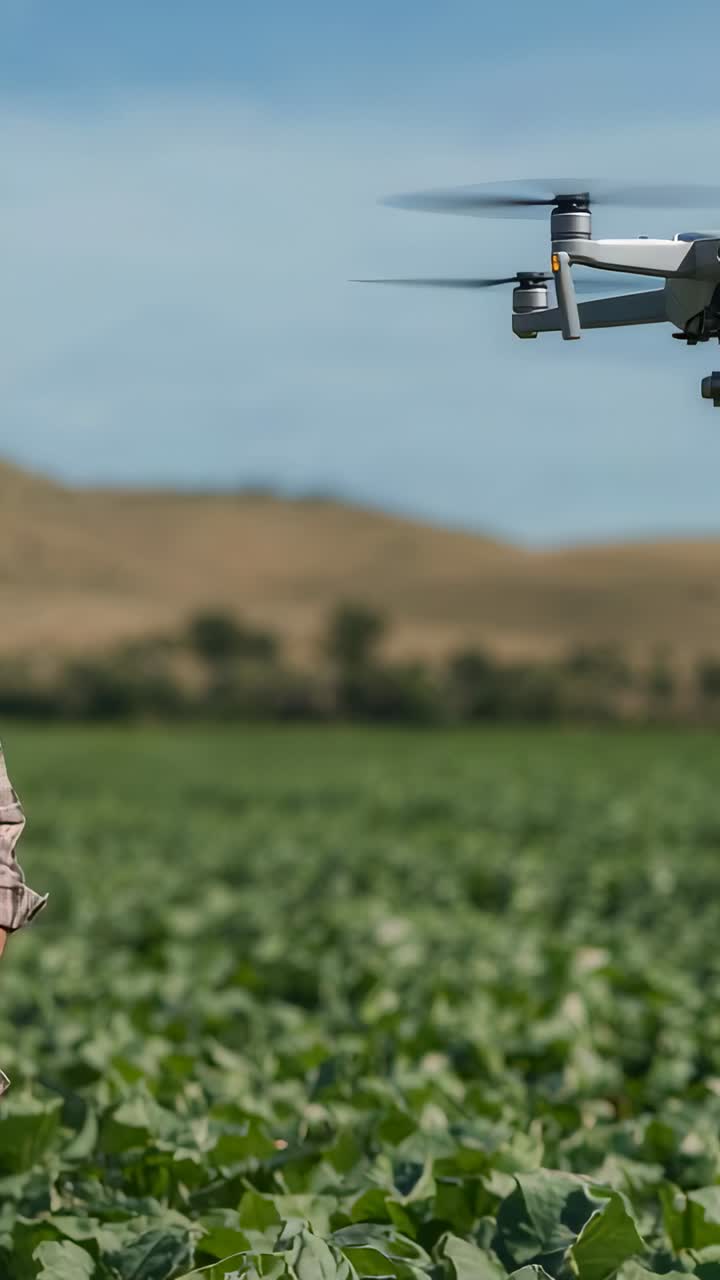 Vertical video: Seeing drone entering right, farmer in plaid checking crops in field, copy space