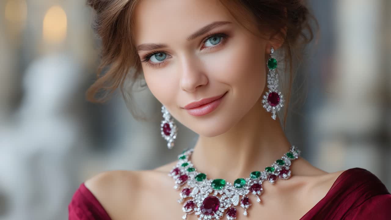 Captivating Beauty: A Glamorous Portrait Showcasing Elegant Jewelry with Stunning Gemstones, Exuding Sophistication and Charm in a Classy Setting