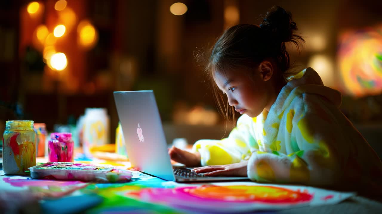 A Young Artist Engaged in Creative Exploration at Night, Merging Digital and Traditional Art in a Cozy Atmosphere with Colorful Paints and Soft Lighting