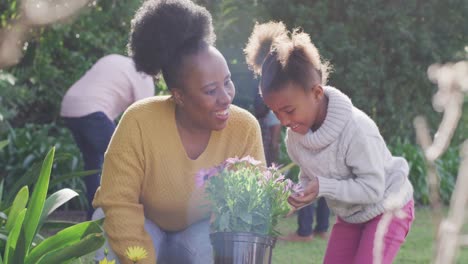 Afroamerikanische-Familie,-Die-An-Einem-Sonnigen-Tag-Im-Garten-Arbeitet