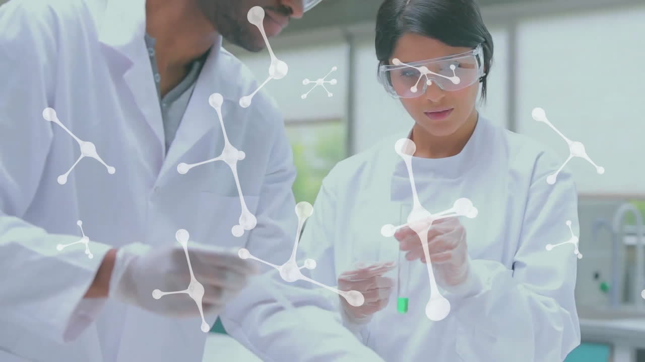 실험실에서 일하는 다양한 과학자들에 대한 분자의 애니메이션