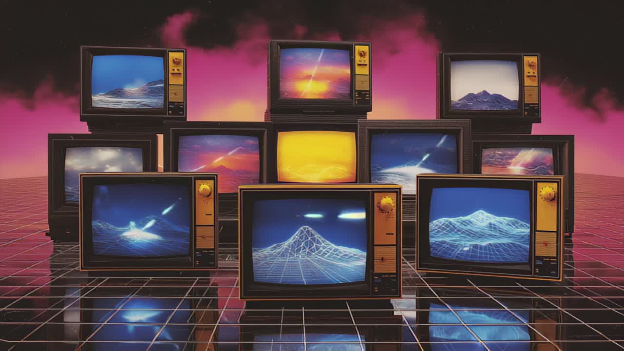 Stack of vintage CRT TV screens displaying abstract neon wireframe mountains and sunsets on a reflective grid floor, vaporwave synthwave aesthetic, futuristic media concept