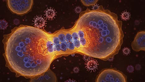 stunning visuals of cellular division: an artistic representation of two cells in mitosis surrounded by viruses and intricate microbial life