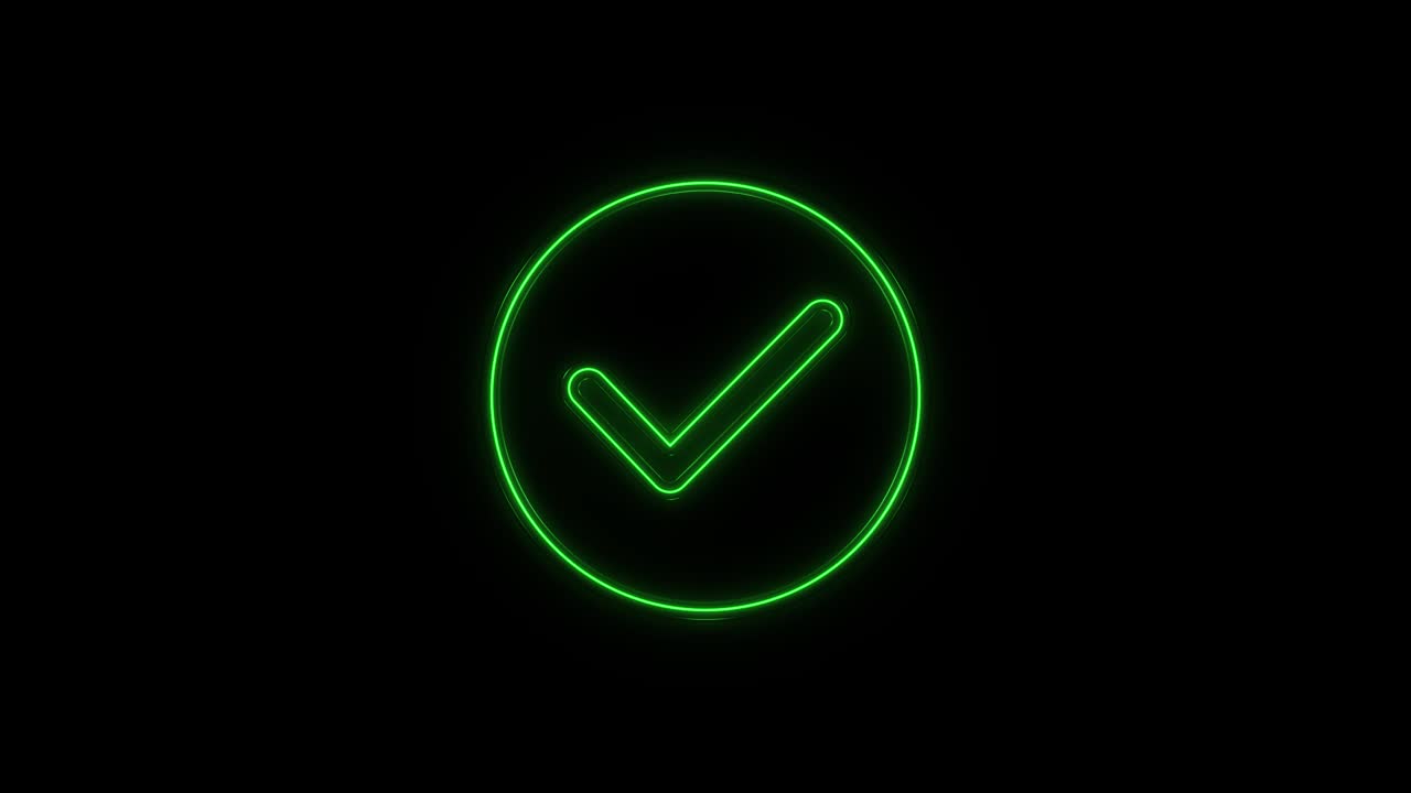 Glowing neon line Check mark in circle icon isolated on black background. Choice button sign. Checkmark symbol.