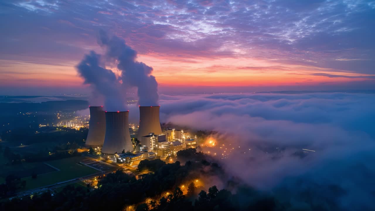 Vista aerea di una centrale elettrica all'alba, con vapore e nebbia che si innalzano, che mostra la struttura industriale su un cielo vibrante al sorgere del sole.