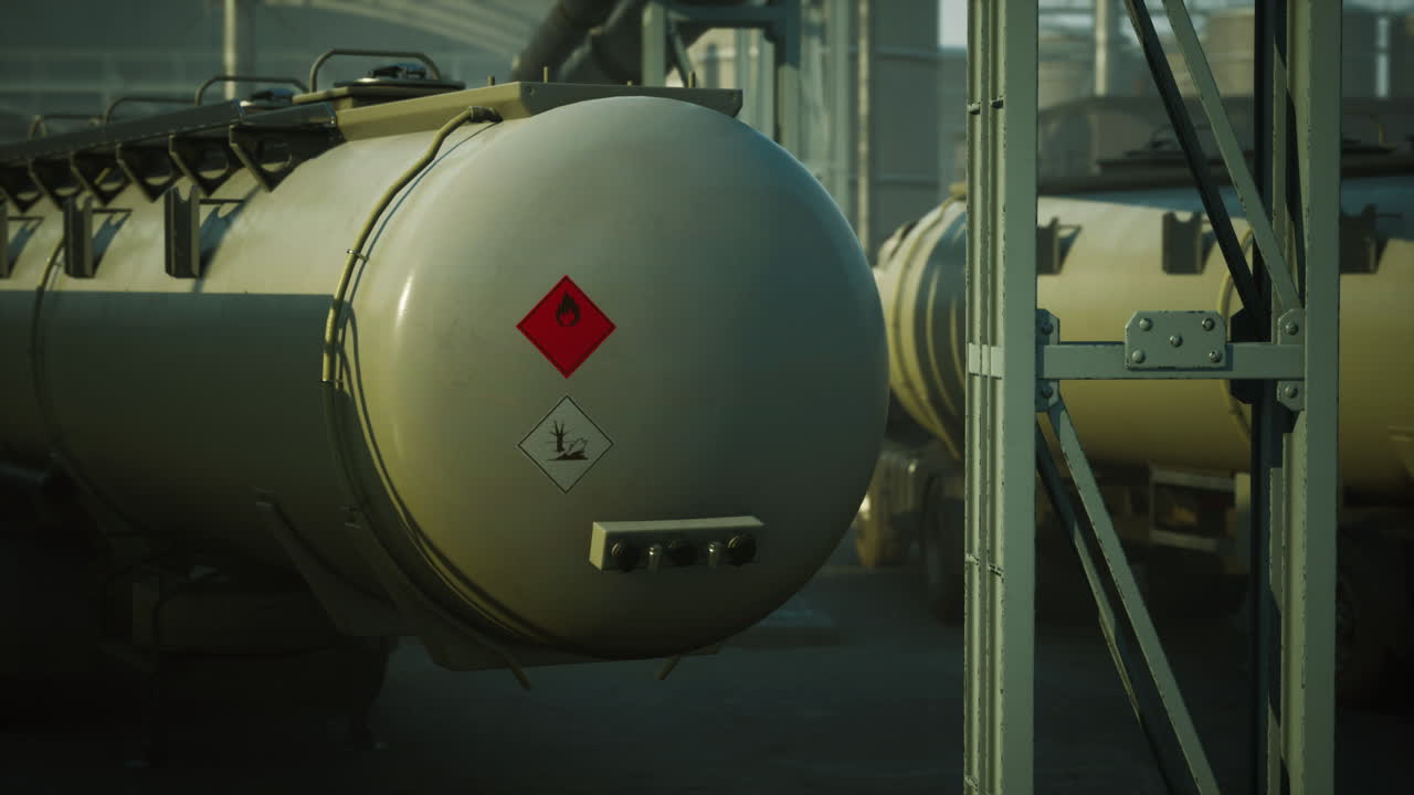 공장 에 있는 큰  ⁇ 색 저수지 트럭