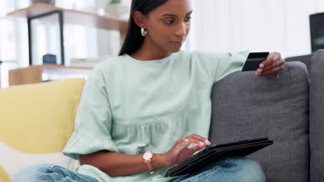 ecommerce, credit card and woman on digital tablet