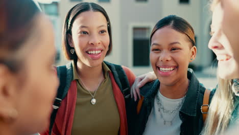 teen girl friends, laugh and circle with comic